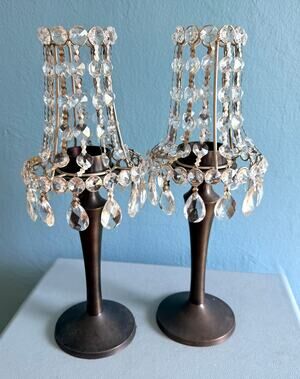 Vintage Pottery Barn Chandelier Candle Lamps - Crystal Beaded Shades Pair 12"